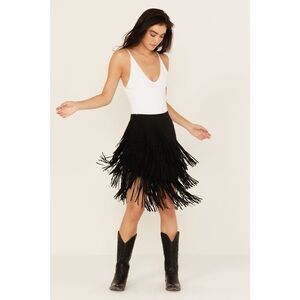 Faux Suede Fringe Skirt Black Boho Western Festival Bohemian XS